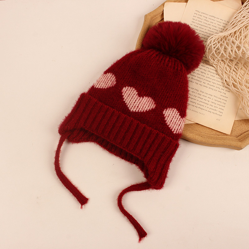 AL001358 ALLCH Baby Newborn Winter Heart Beanie with Strap - Image 5