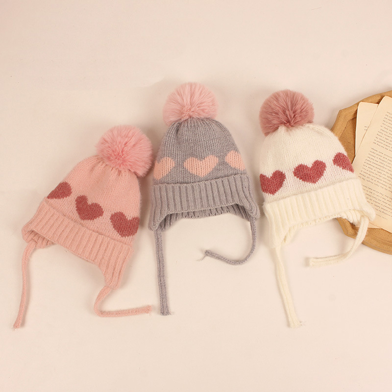 AL001358 ALLCH Baby Newborn Winter Heart Beanie with Strap
