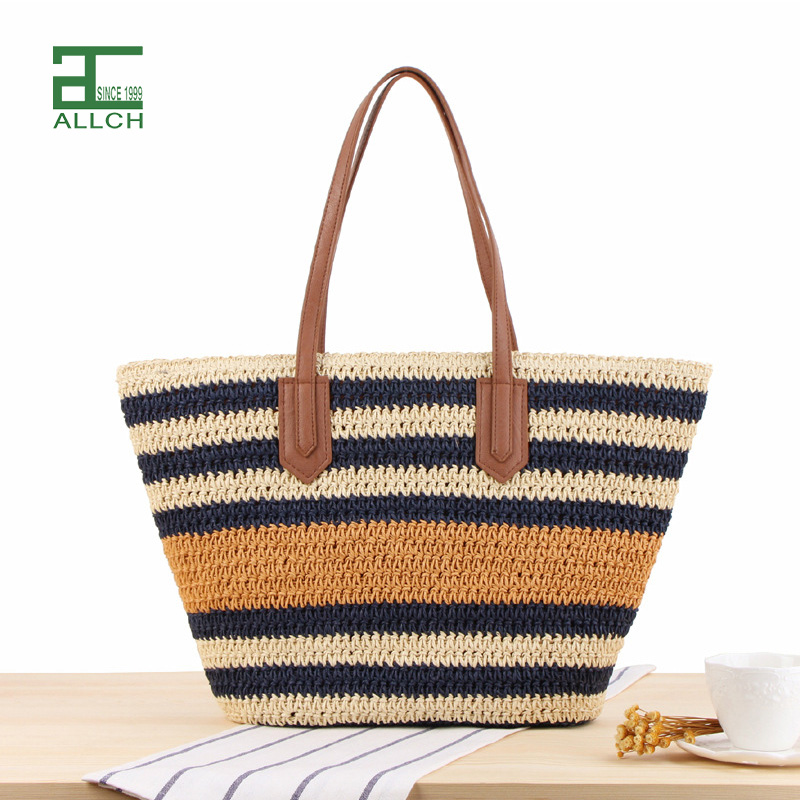 AL001699 ALLCH Striped Single Shoulder Straw Bag Holiday Hand-Woven Beach Lounge Bag