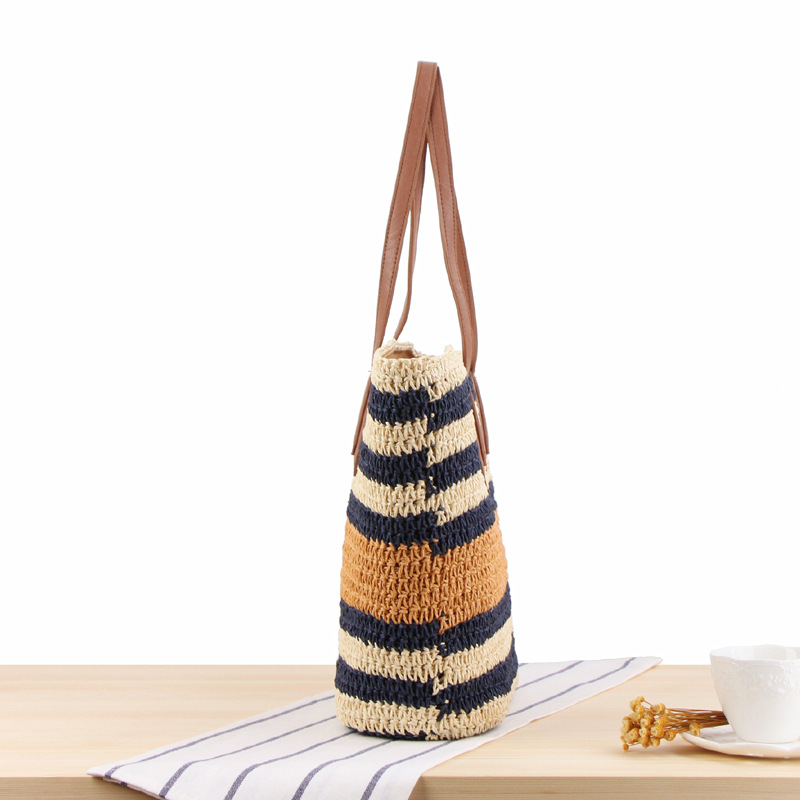 AL001699 ALLCH Striped Single Shoulder Straw Bag Holiday Hand-Woven Beach Lounge Bag - Image 2