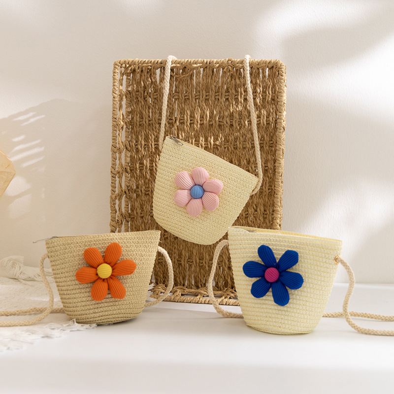 AL001729 ALLCH Children's Straw Bag Flower Straw Crossbody Bag Storage Bag For Baby Girls - Image 2