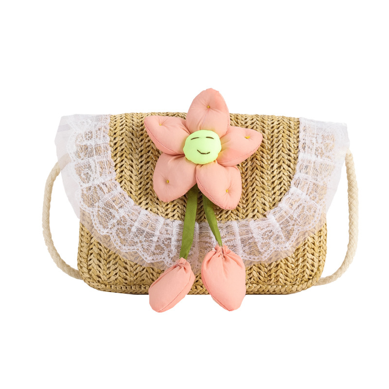 AL001735 ALLCH Summer Children's Phone Crossbody Flower Straw Bag Woven Bag For Baby Girls - Image 2